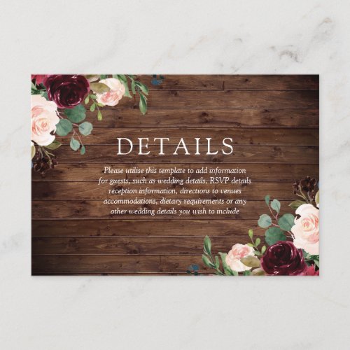 Rustic Blush  Burgundy Flowers All Season Wedding Enclosure Card