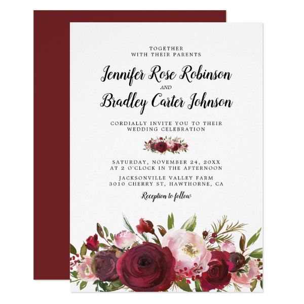 256007718030718647 Rustic Blush Burgundy Flowers Wedding Invitation