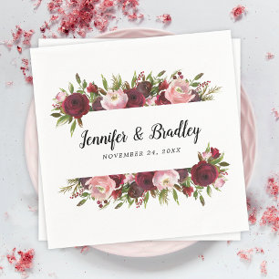 Rustic Blush Burgundy Flowers Wedding Napkins