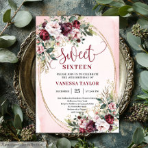 Rustic Blush Burgundy Gold Sweet Sixteen Invites