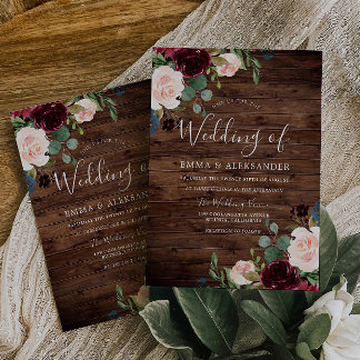 Rustic Blush & Burgundy Red Wine Flowers Wedding Invitation