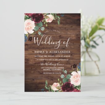 Rustic Blush & Burgundy Red Wine Flowers Wedding Invitation | Zazzle