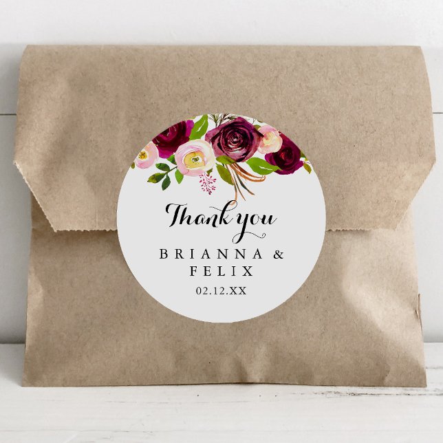 Rustic Blush Burgundy Thank You Wedding Favor Classic Round Sticker (Creator Uploaded)