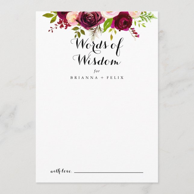 Rustic Blush Burgundy Wedding Words of Wisdom Advice Card (Front)