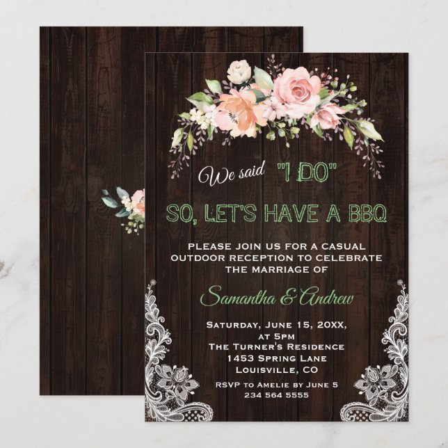 Rustic Blush Cream Flowers Lace I DO BBQ Invitation (Front/Back)