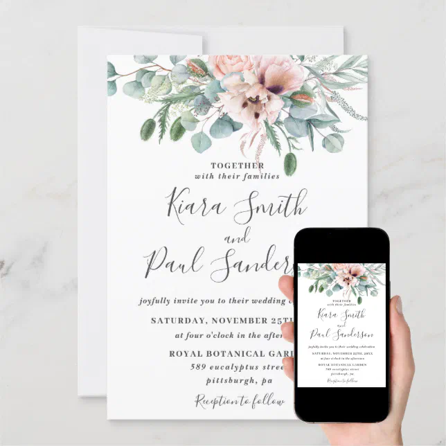 Rustic Blush Dusty Pink Floral Eucalyptus Wedding Invitation | Zazzle