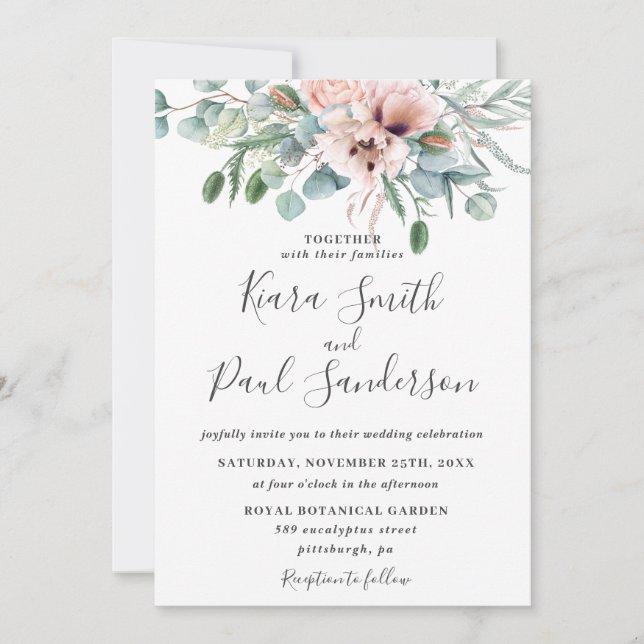 Rustic Blush Dusty Pink Floral Eucalyptus Wedding Invitation (Front)