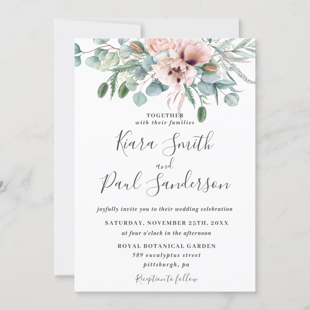 Rustic Blush Dusty Pink Floral Eucalyptus Wedding Invitation | Zazzle