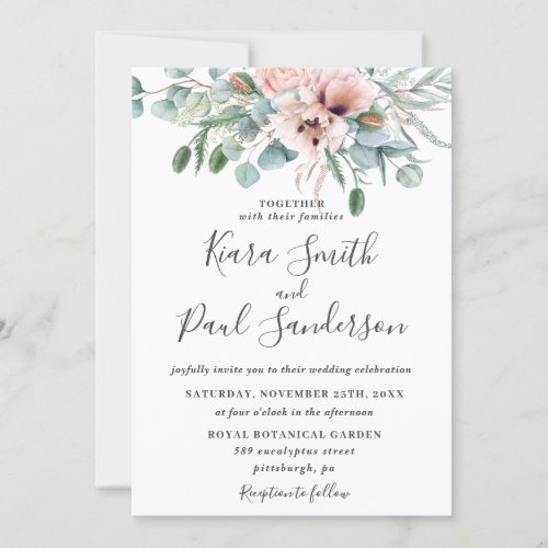 Rustic Blush Dusty Pink Floral Eucalyptus Wedding Invitation