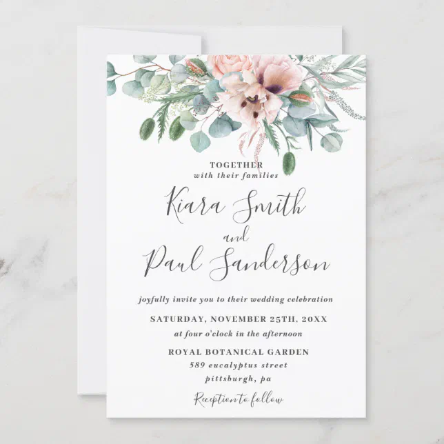 Rustic Blush Dusty Pink Floral Eucalyptus Wedding Invitation | Zazzle