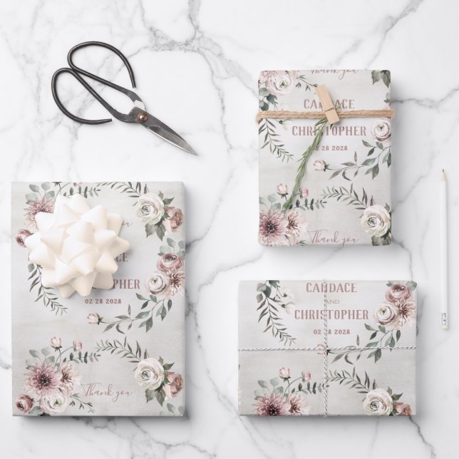 Rustic Blush Eucalyptus Wreath Wedding Thank You  Wrapping Paper Sheets (Front)