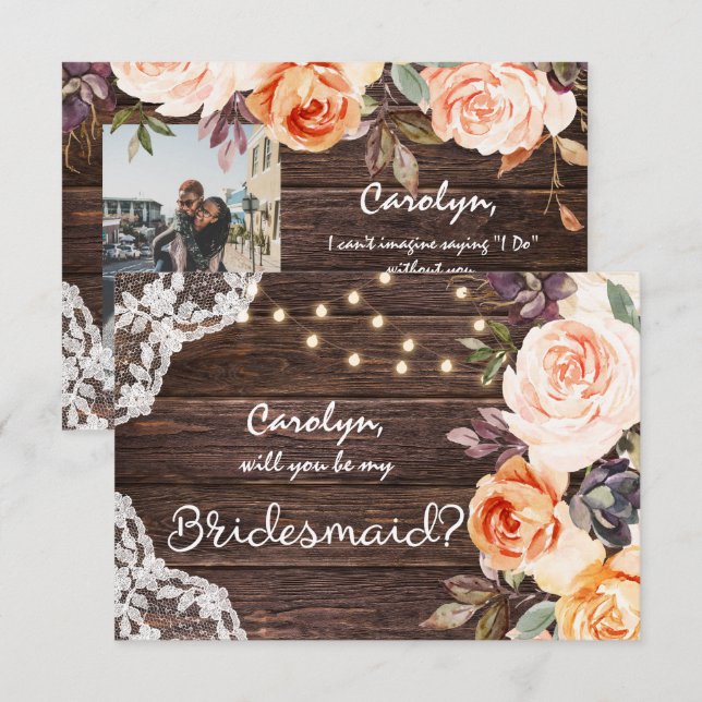 Rustic Blush Floral Be My Bridesmaid? with Photo Invitation (Front/Back)