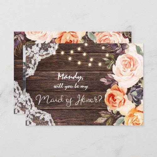 Rustic Blush Floral Be My Maid of Honor with Photo Invitation