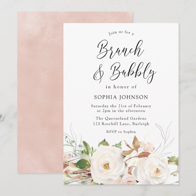 Rustic Blush Floral Bridal Shower Brunch & Bubbly Invitation (Front/Back)