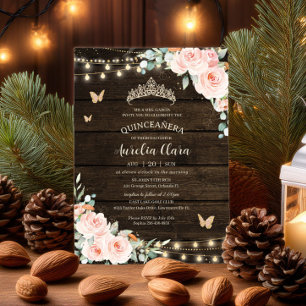 Rustic Blush Floral Enchanted Forest Quinceañera Invitation