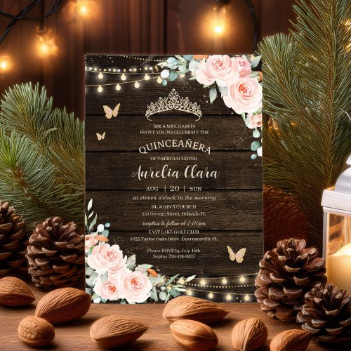 Rustic Blush Floral Enchanted Forest Quinceaera Invitation