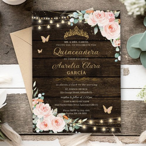 Rustic Blush Floral Enchanted Forest Quinceanera Invitation