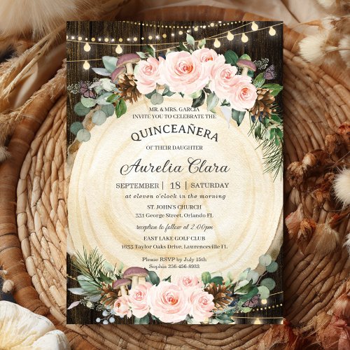 Rustic Blush Floral Enchanted Forest Quinceaera Invitation