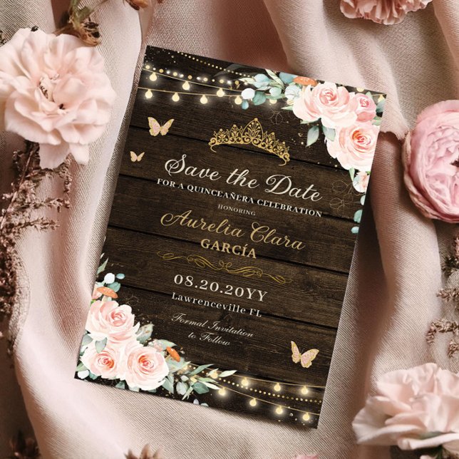Rustic Blush Floral Enchanted Forest Quinceañera Save The Date (enchanted forest wood background fairy lights butterflies blush floral quinceanera save the date)