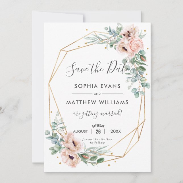 Rustic Blush Floral Eucalyptus Gold Save the Date Invitation (Front)