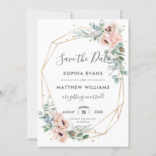 Rustic Blush Floral Eucalyptus Gold Save the Date Invitation