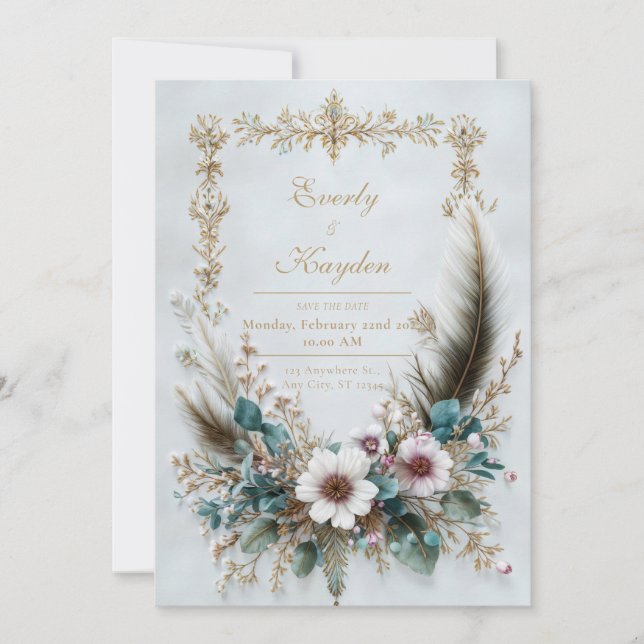 Rustic Blush Floral Feather Elegant Wedding Invitation (Front)