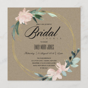 RUSTIC BLUSH FLORAL KRAFT WATERCOLOR BRIDAL SHOWER INVITATION