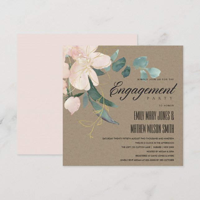 RUSTIC BLUSH FLORAL KRAFT WATERCOLOR ENGAGEMENT INVITATION (Front/Back)