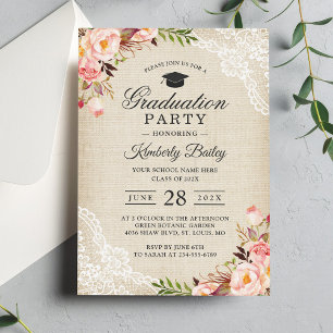 Rustic Blush Floral Lace Burlap Graduation Party Invitation