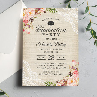 Rustic Blush Floral Lace Burlap Graduation Party Invitation