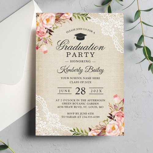Rustic Blush Floral Lace Burlap Graduation Party Card