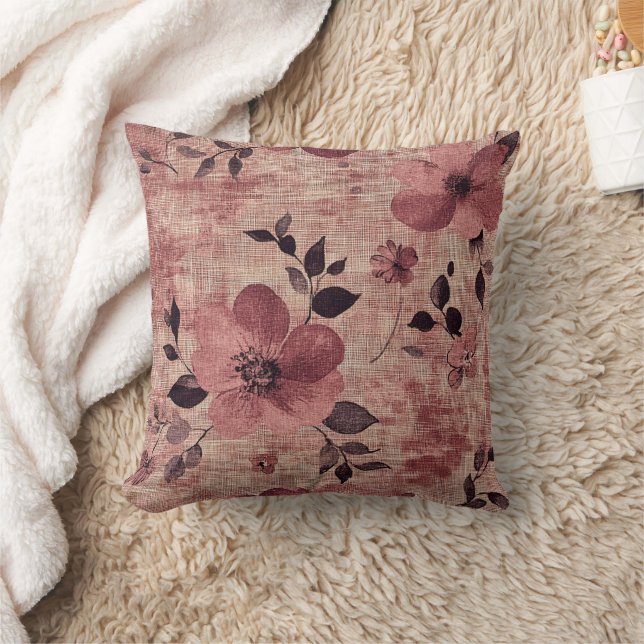 Rustic Blush Floral Linen Pattern (2) Throw Pillow (Blanket)