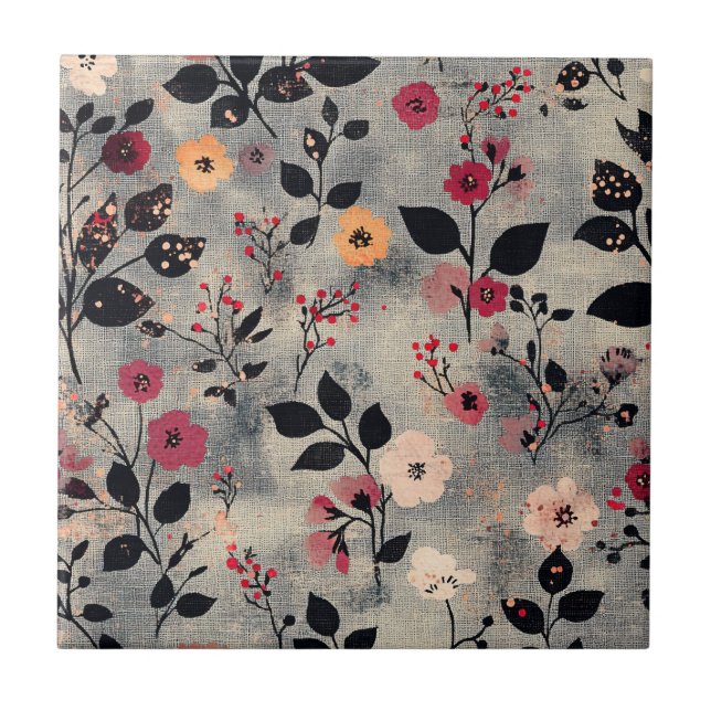 Rustic Blush Floral Linen Pattern (3) Ceramic Tile (Front)