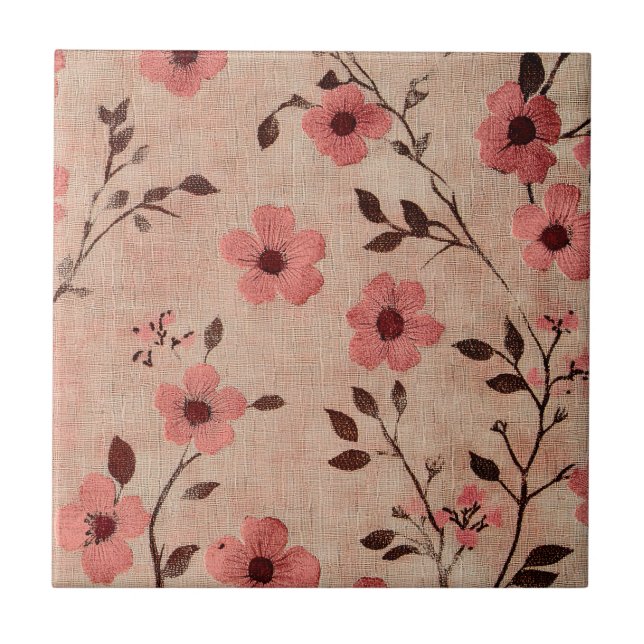 Rustic Blush Floral Linen Pattern (4) Ceramic Tile (Front)