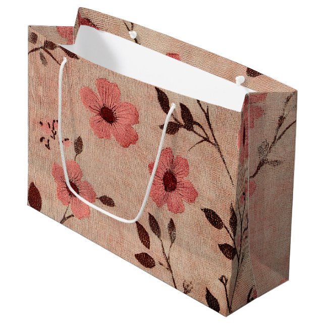 Rustic Blush Floral Linen Pattern (4) Large Gift Bag (Front Angled)
