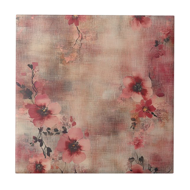 Rustic Blush Floral Linen Pattern (6) Ceramic Tile (Front)