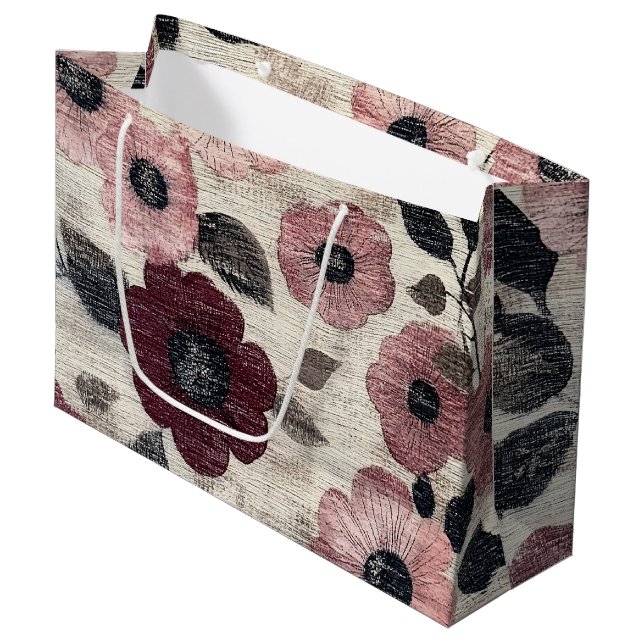 Rustic Blush Floral Linen Pattern (7) Large Gift Bag (Front Angled)