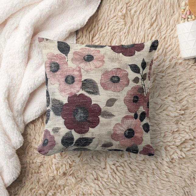 Rustic Blush Floral Linen Pattern (7) Throw Pillow (Blanket)