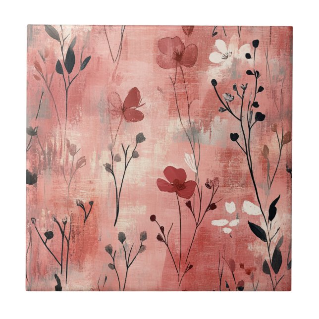 Rustic Blush Floral Linen Pattern (9) Ceramic Tile (Front)