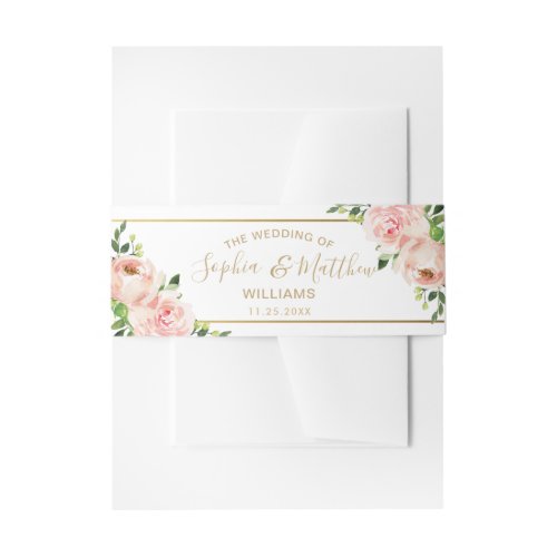 Rustic Blush Floral Roses Gold Greenery Wedding Invitation Belly Band