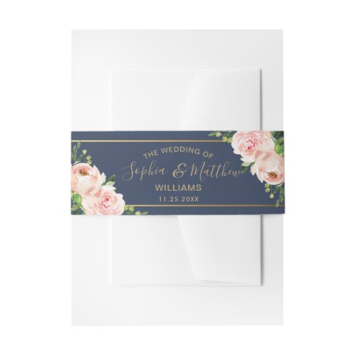 Rustic Blush Floral Roses Gold Navy Blue Wedding Invitation Belly Band