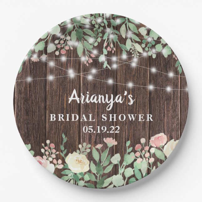 Rustic Blush Floral String Lights Bridal Shower Paper Plates (Front)