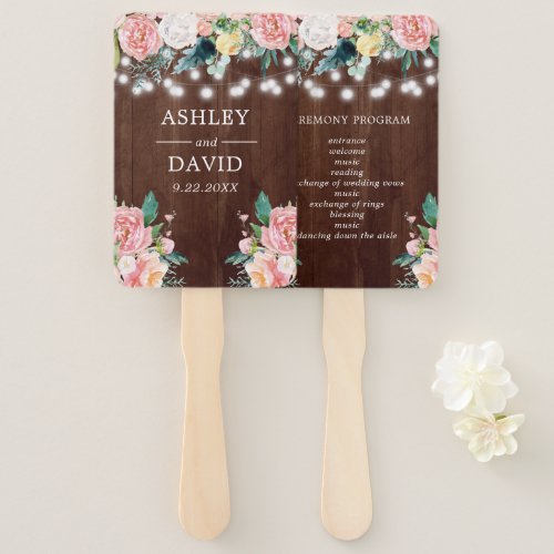 Wedding Fan Programs 10 Rustic Blush Floral String Lights Wedding Hand Fan