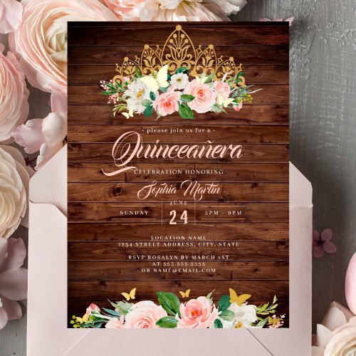 Rustic Blush Floral Tiara Quinceanera Foil Invitation