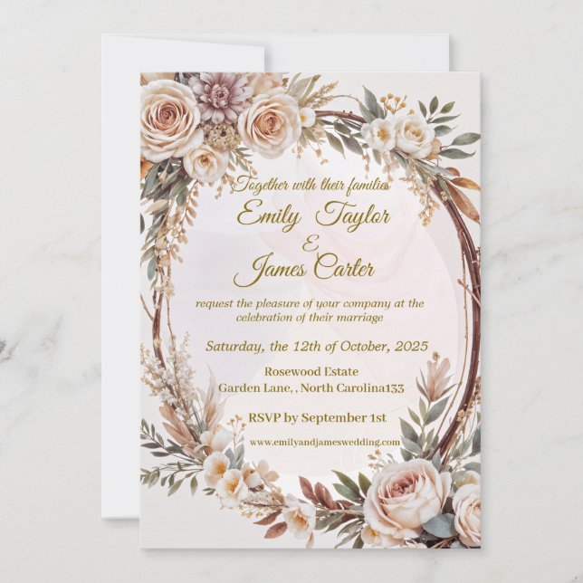 Rustic Blush Floral Wedding Invitation (Front)