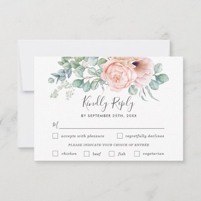 Rustic Blush Floral Wedding Meal Choice RSVP Card (Front)