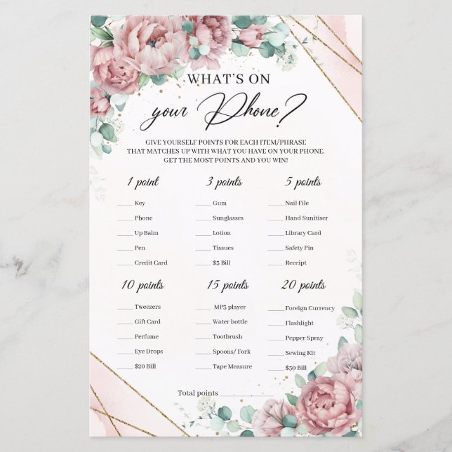 Rustic blush floral What is in Your Phone Game (Front)