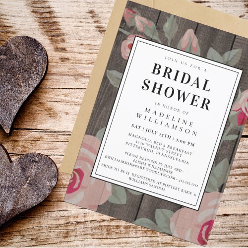 Rustic Blush Floral Wood Bridal Shower  Invitation