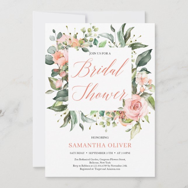 Rustic blush floral wreath green Bridal Shower Invitation (Front)