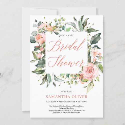 Rustic blush floral wreath green Bridal Shower Invitation